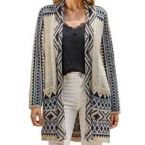 Lucky Brand Southwestern Cream Blue Knit Longline Front Pocket Cardigan